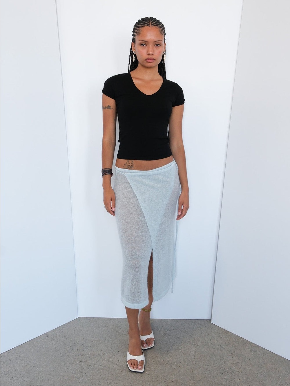 Geel Asymmetrical Sheer Midi Skirt in Light Blue